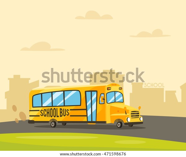 Vintage yellow school\
bus on the road. Cartoon vector illustration. Bright design. Happy\
day. Back to school