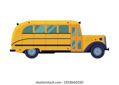 Vintage Yellow School Bus, Side View, School Students Transportation Vehicle Flat Style Vector Illustration