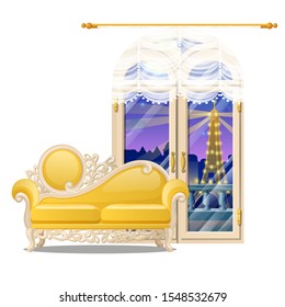 Vintage yellow sofa with carved ornament and a French window with a view of the evening isolated on a white background. Vector cartoon close-up illustration