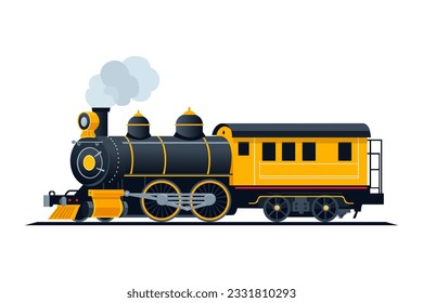 Vintage yellow steam locomotive, train. The locomotive is moving and steam is coming out of the chimney. Vector illustration.