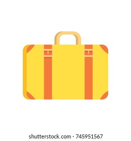 Vintage yellow suitcase with small handle and two brown belts for decoration. Vector illustration of old-school bag isolated on white background