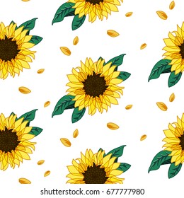 Vintage yellow sunflower pattern with green leaves on white background
