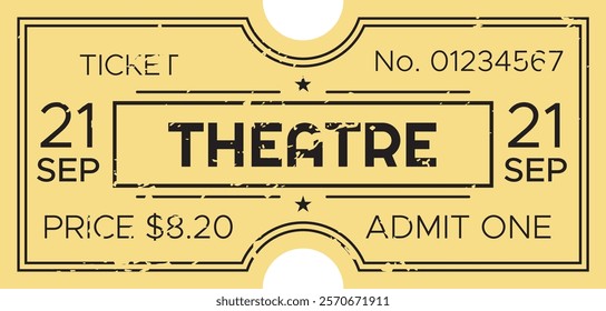 Vintage yellow theatre ticket dated September 21st, priced at 8.20 dollars, featuring number 01234567, granting access for one to an exciting performance