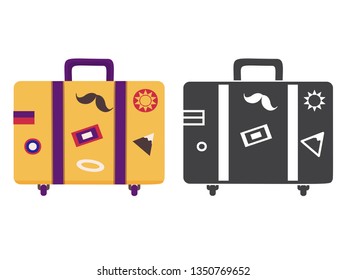 Vintage yellow travel suitcase. Carry on luggage or baggage for trips. Wheeled travel bag with handle icon.