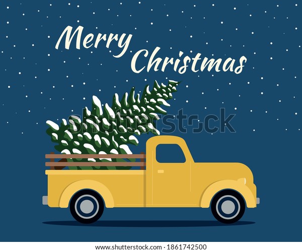 Vintage yellow truck with Christmas tree.\
Poster. Vector flat\
illustration
