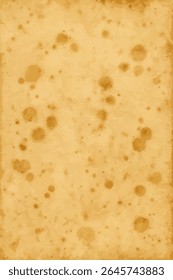 Papel amarelo vintage com manchas e manchas castanhas dispersas, oferecendo uma textura rústica e envelhecida. Perfeito para projetos retro, scrapbooking, ou projetos históricos.