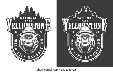 Vintage Yellowstone national park label with serious bear in safari hat in monochrome style isolated vector illustration