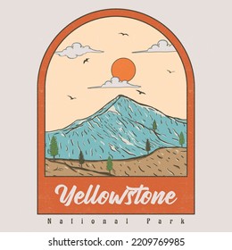 Vintage Yellowstone National Park Mountain. Yellowstone Landscape. Retro illustrated travel poster for Yellowstone. Vector Artwork of National park in the United States of America.