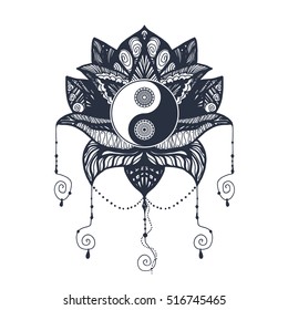 Vintage Yin and Yang in Mandala Lotus. Tao symbol for print, tattoo, coloring book,fabric, t-shirt, yoga, henna, cloth in boho style. Mehndi, occult and tribal, esoteric and alchemy sign. Vector