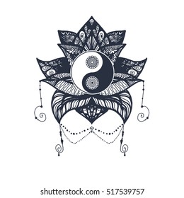 Vintage Yin and Yang in Mandala Lotus. Tao symbol for print, tattoo, coloring book,fabric, t-shirt, yoga, henna, cloth in boho style. Mehndi, occult and tribal, esoteric and alchemy sign. Vector