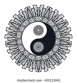 Vintage Yin and Yang in Mandala. Tao symbol for print, tattoo, coloring book,fabric, t-shirt, yoga, henna, cloth in boho style. Mehndi, occult and tribal, esoteric and alchemy sign. Vector