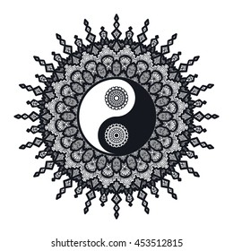 Vintage Yin and Yang in Mandala. Tao symbol for print, tattoo, coloring book,fabric, t-shirt, yoga, henna, cloth in boho style. Mehndi, occult and tribal, esoteric and alchemy sign. Vector