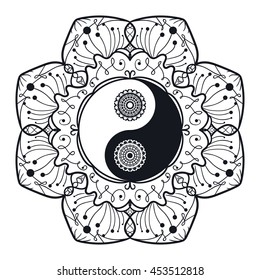 Vintage Yin and Yang in Mandala. Tao symbol for print, tattoo, coloring book,fabric, t-shirt, yoga, henna, cloth in boho style. Mehndi, occult and tribal, esoteric and alchemy sign. Vector