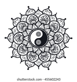 Vintage Yin and Yang in Mandala. Tao symbol for print, tattoo, coloring book,fabric, t-shirt, yoga, henna, cloth in boho style. Mehndi, occult and tribal, esoteric and alchemy sign. Vector