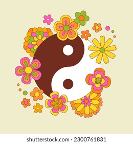 Vintage yin yang yoga symbol with flower illustration. Retro psychedelic floral art design. Groovy colorful meditation print, seventies hippie relax concept poster with daisy flowers.