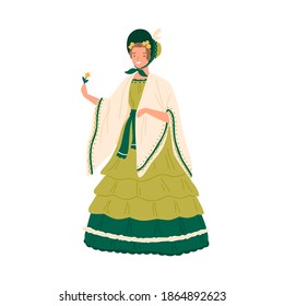 Vintage young woman wearing retro dress and hat decorated with ruffles in 1830s decade style. Female character in elegant baroque clothes. Flat vector cartoon illustration isolated on white