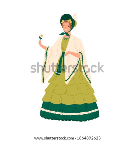Vintage young woman wearing retro dress and hat decorated with ruffles in 1830s decade style. Female character in elegant baroque clothes. Flat vector cartoon illustration isolated on white