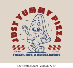 Vintage yummy pizza slice cartoon character, perfect for graphic T-shirts, hoodies, posters, stickers, merchandise, and more