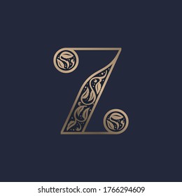 Vintage Z letter logo with premium decoration. Classic line serif font. Vector icon perfect to use in any alcohol labels, glamour posters, luxury identity, etc.