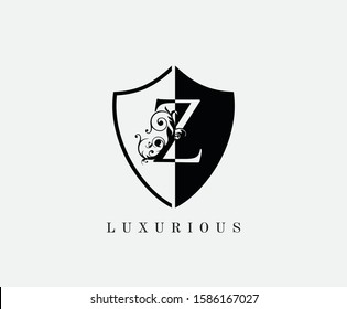 Vintage Z Shield Letter Logo Icon. Black and White Z With Classy Leaves Shape design perfect for fashion, Jewelry, Beauty Salon, Cosmetics, Spa, Hotel and Restaurant Logo. 