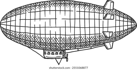 Gravação em zepelim vintage. Esboço dirigível. Aeróstato retro