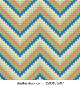 Vintage zigzag chevron stripes knit texture geometric seamless pattern. Pullover hosiery textile print. Norwegian style seamless knitted pattern. Cozy textile print design.