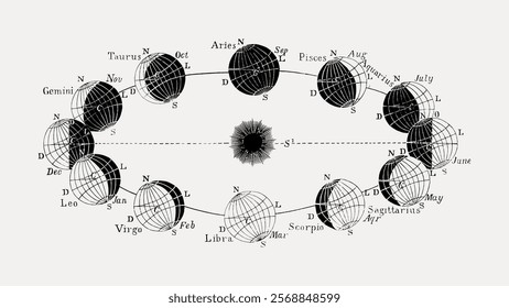 Vintage zodiac chart with astrological signs. Zodiac signs like Aries, Taurus, Gemini, and more. Astrological symbols and zodiac signs in a circular layout. Vintage art drawing illustration vector.