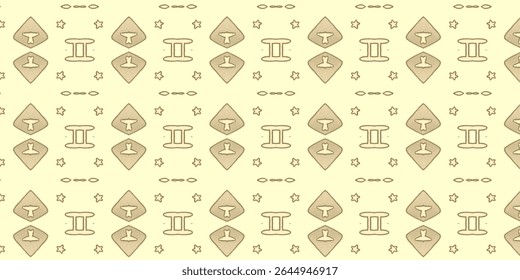 Vintage zodiac-inspired pattern with Gemini symbols, stars, and abstract space motifs on beige. Celestial design ideal for astrology lovers and mystical-themed decor.