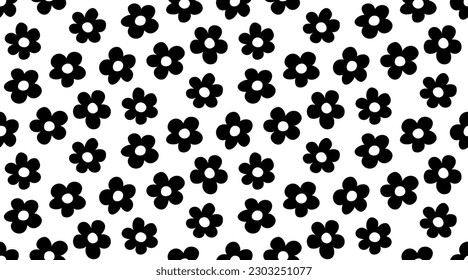 Vintage1970 daisy flowers seamless pattern. Y2k black and white abstract nature background. Simple hand drawn floral silhouettes texture. Hippie motifs. Vector illustration.