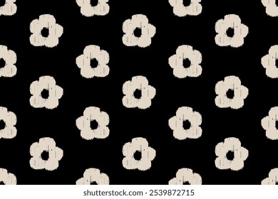 Vintage1970 flores margaridas padrão sem costura. Fundo de natureza abstrata em preto e branco Y2k. Simples mão-desenhada textura de silhueta floral. Motivos hippies. Geométrico étnico oriental. Design para tecido