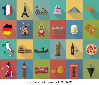 Vintage,flat design icon set.France,Germany,Italy and England travel icons.Famous buildings and traditional food and drinks.For travel poster,greeting and invitation cards design.Vector illustration.