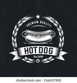 Vintage,Hipster Hot Dog emblem logo. Illustration of a rustic, classic Hot dog badge