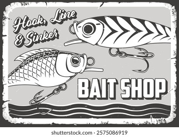 A vintage-inspired bait shop sign displays colorful fishing lures and hooks against a textured background. The catchy phrase 'Hook Line and Sinker' enhances its appeal.