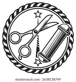A vintage-inspired barbershop logo design showcasing crossed scissors within a circular emblem, incorporating a classic and stylish aesthetic.