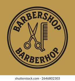 Um logotipo de barbearia inspirado no vintage com um pente clássico e uma tesoura aberta dentro de um esboço circular preto ousado, definido contra um fundo dourado rico, perfeito para a marca.