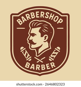 Um logotipo de barbearia inspirado no vintage com um perfil de cavalheiro clássico com bigode e cabelo de costas cortado, flanqueado por postes de barbeiro tradicionais. Perfeito para serviços de marca e de higiene masculina.
