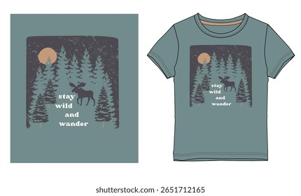 O design gráfico em T dos meninos inspirado no vintage apresenta uma cena de floresta selvagem com uma silhueta de alce, pinheiros e uma lua quente, emparelhado com o texto Stay Wild e Wander. Perfeito para desgaste ao ar livre