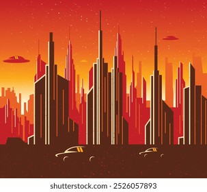 Uma paisagem urbana inspirada em vintage com carros voadores no horizonte, projetado em cores de tons de terra. Perfeito para projetos com temas retro-futuristas e de ficção científica com uma sensação nostálgica.