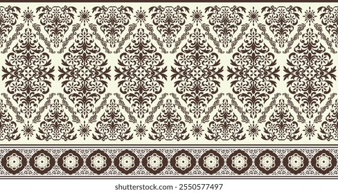 A vintage-inspired damask border pattern in a classic brown and cream color palette. The intricate floral and geometric motifs create a timeless and elegant design. This versatile pattern is perfect 