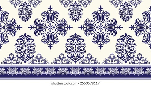 A vintage-inspired damask border pattern in a classic blue and cream color palette. The intricate floral and geometric motifs create a timeless and elegant design. This versatile pattern is perfect