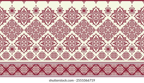 A vintage-inspired damask border pattern in a classic red and cream color palette. The intricate floral and geometric motifs create a timeless and elegant design. This versatile pattern is perfect