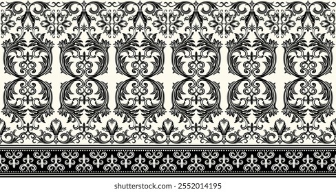 A vintage-inspired damask border pattern in a classic black and white color palette. The intricate floral and geometric motifs create a timeless and elegant design. This versatile pattern is perfect