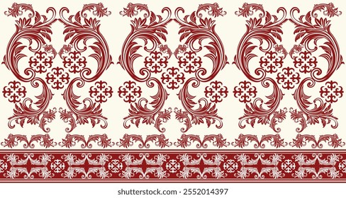 Um padrão de borda de damasco inspirado em vintage em uma paleta de cores vermelha e creme clássica. Os intrincados motivos florais e geométricos criam um design luxuoso e elegante. Este padrão versátil é perfeito 