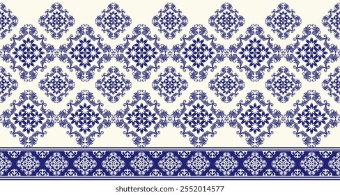  vintage-inspired damask border pattern in a classic blue and white color palette. The intricate floral and geometric motifs create a timeless and elegant design. This versatile pattern is perfect 