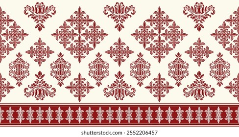 A vintage-inspired damask border pattern in a classic red and cream color palette. The intricate floral and geometric motifs create a luxurious and elegant design. This versatile pattern is perfect