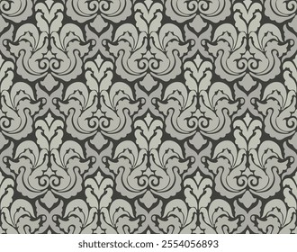 Vintage-inspired damask pattern in black and gray with bold ornamental and floral motifs.