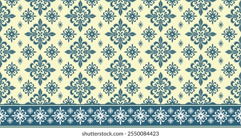 A vintage-inspired damask pattern in a classic blue and cream color palette. The intricate floral and geometric motifs create a timeless and elegant design. 