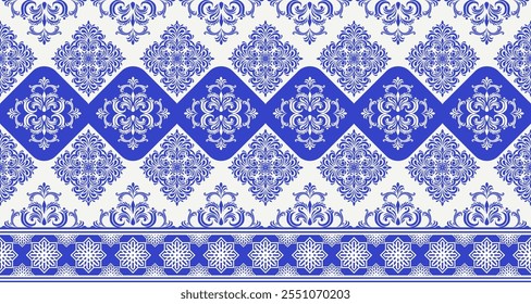 A vintage-inspired damask pattern in a classic blue and white color palette. The intricate floral and geometric motifs create a timeless and elegant design. This versatile pattern is perfect