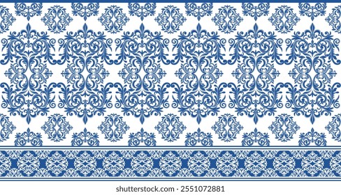 A vintage-inspired damask pattern in a classic blue and white color palette. The intricate floral and geometric motifs create a timeless and elegant design. This versatile pattern is perfect 