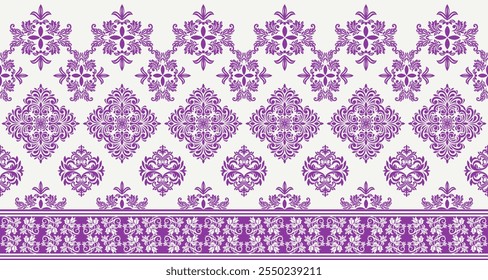 A vintage-inspired damask pattern in a classic purple and white color palette. The intricate floral and geometric motifs create a timeless and elegant design. This versatile pattern is perfect 